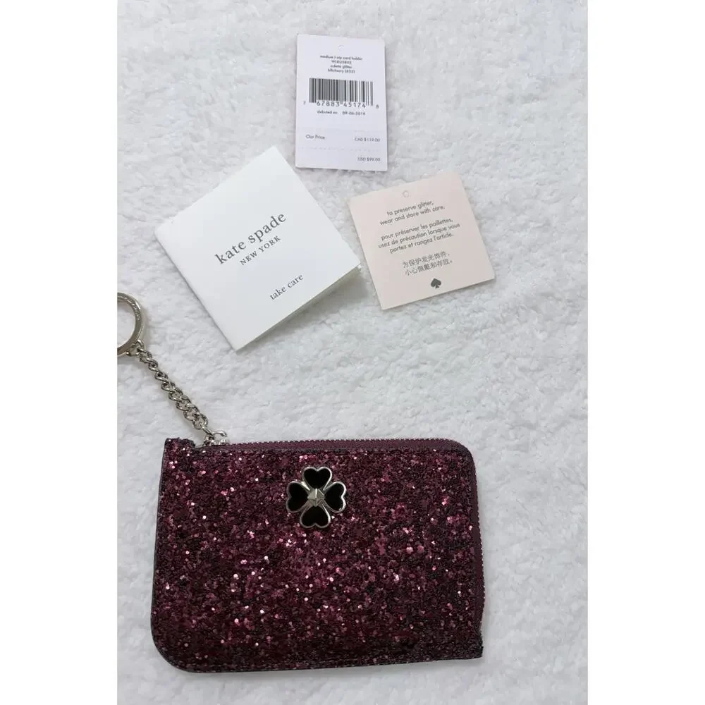 Kate Spade Rock-Glitter Card Holder Key Chain L-Zip Wallet Burgundy Red Odette